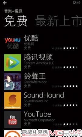 Windows Phone Marketplace应用商店中根据特别推荐、新上市、类型等对资源进行了分类，也可以根据人气、评价、免费等查看，或者搜索。