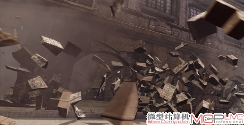 在PhysX破碎画面下（上），爆炸呈现相当多的碎片效果，爆炸物体的路径都经过计